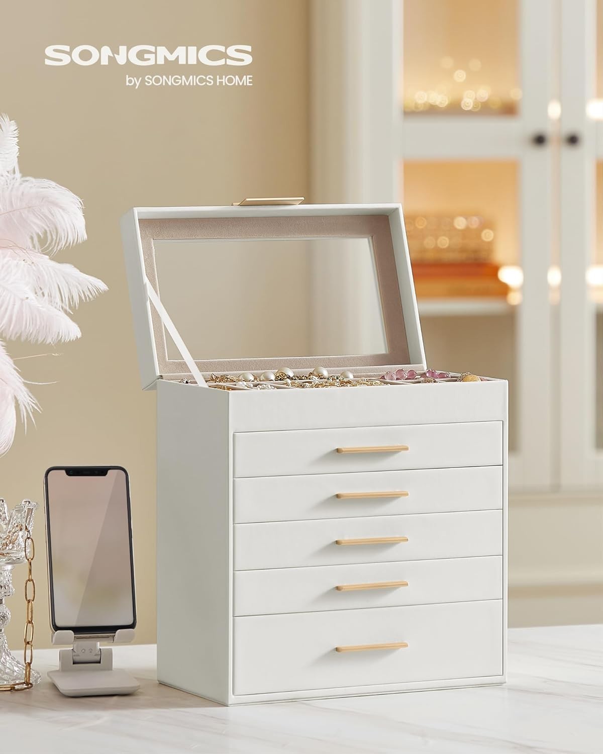 Cloud White Gold Glass Lid Jewellery Box 6 Layer Storage with 5 Drawers