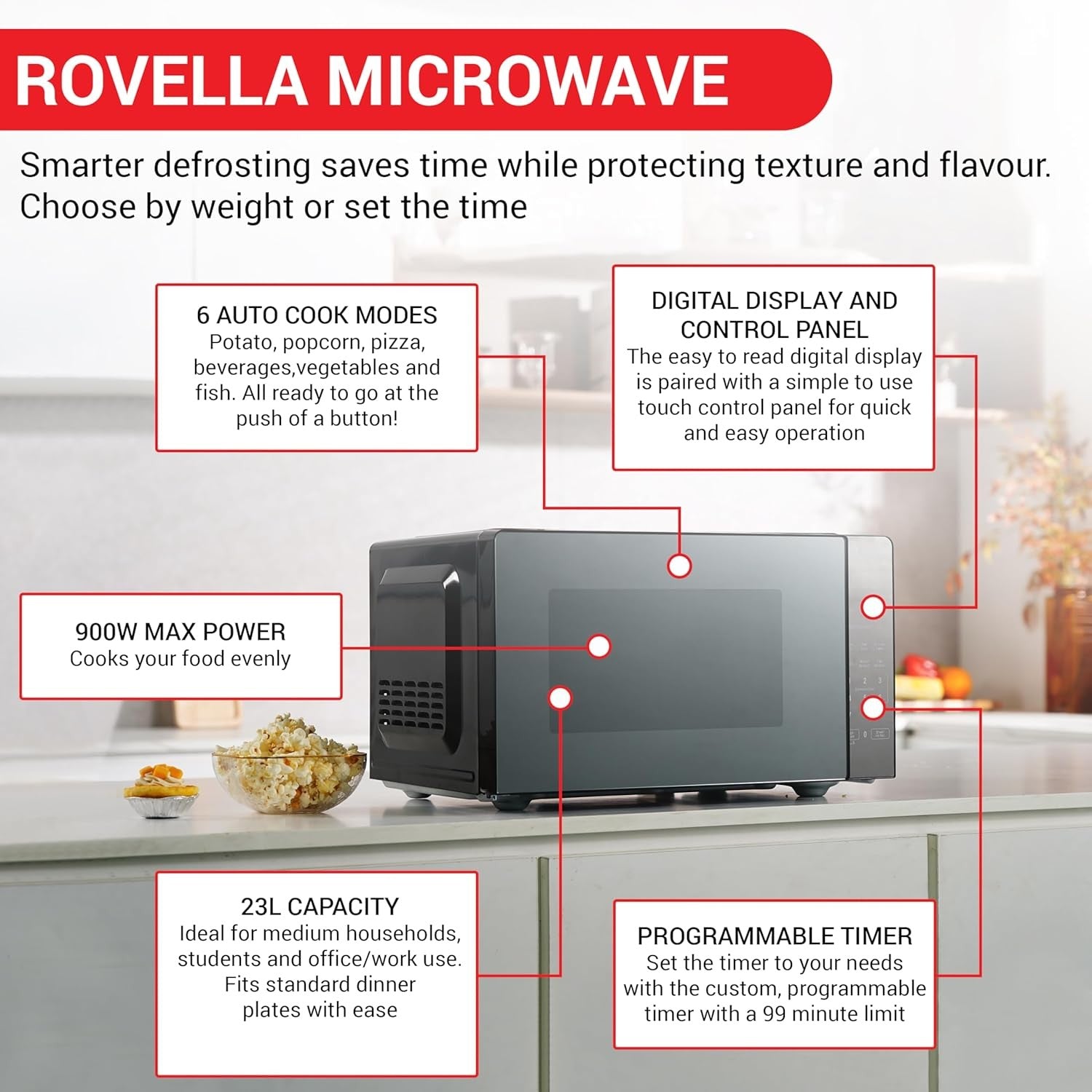 23L Digital Microwave 900W 11 Power Levels Touch Control
