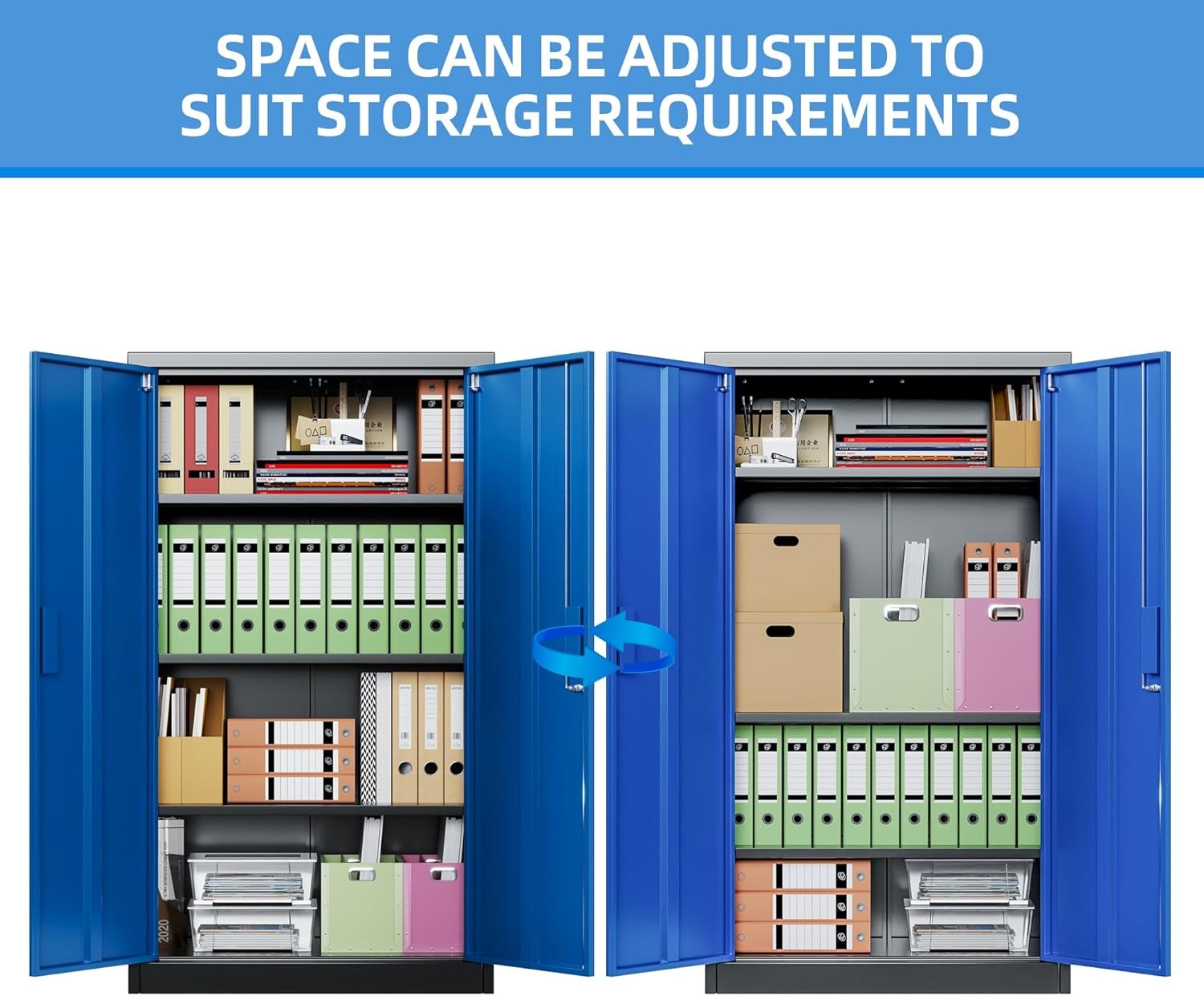 Metal Storage Cabinet 2 Door Lockable Cupboard 3 Adjustable Shelves Black Blue