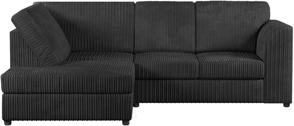 Black Jumbo Cord LHF Corner Sofa 4-Seater Memory Foam Space Saver