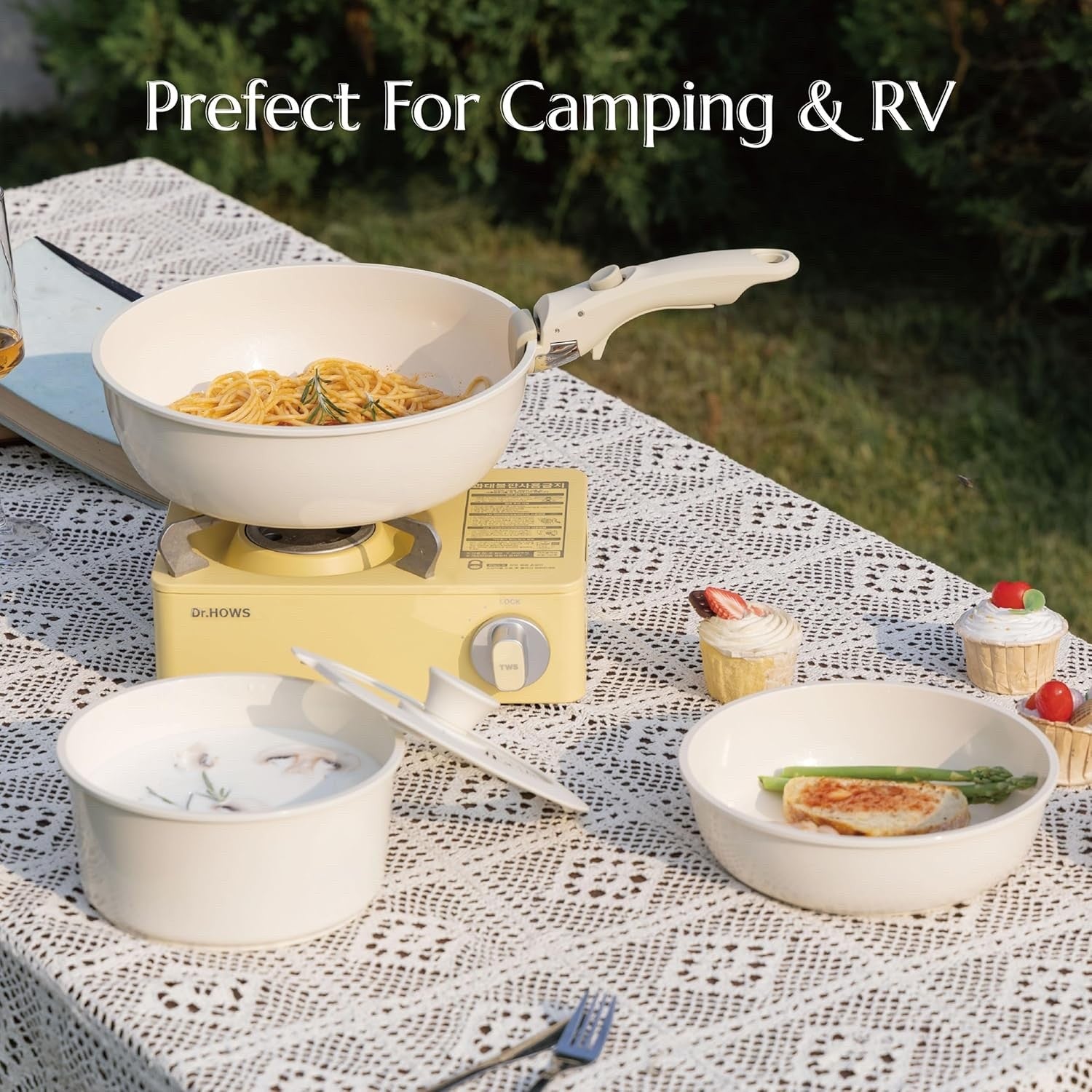 5pcs Cream Ceramic Cookware Set Removable Handle Induction & Oven Safe
