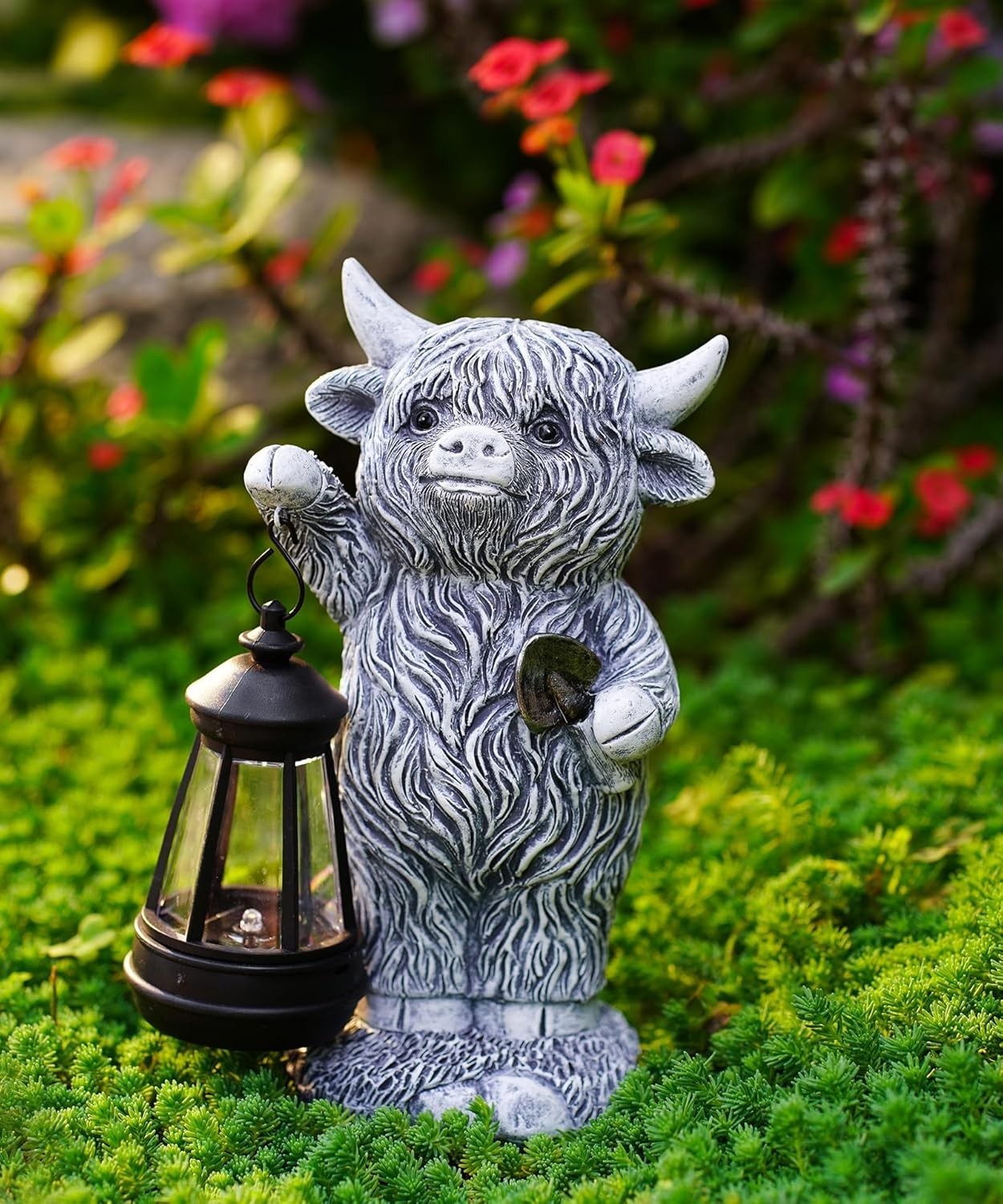 Solar Highland Cow Garden Ornament with Lantern | Outdoor Resin Statue Patio