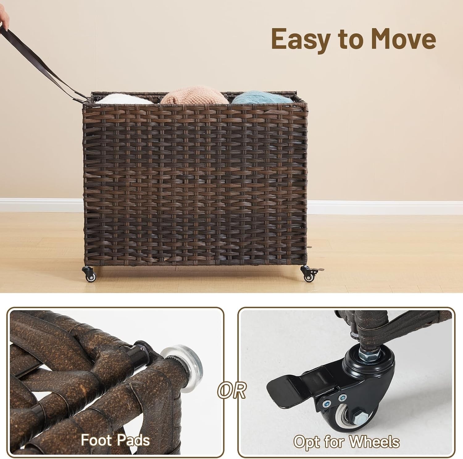 200L Rattan Laundry Hamper with Wheels Lid 3-Section Removable Bags Brown