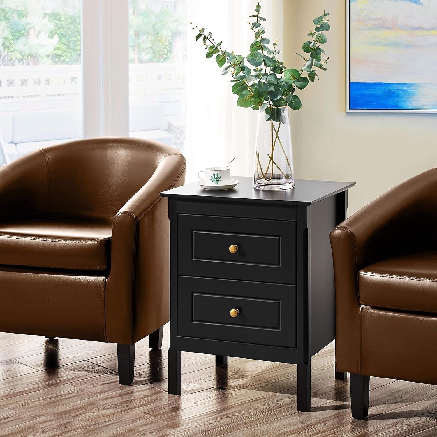 Modern Black Bedside Tables Set of 2 with 2 Drawers, Pine Wood Legs