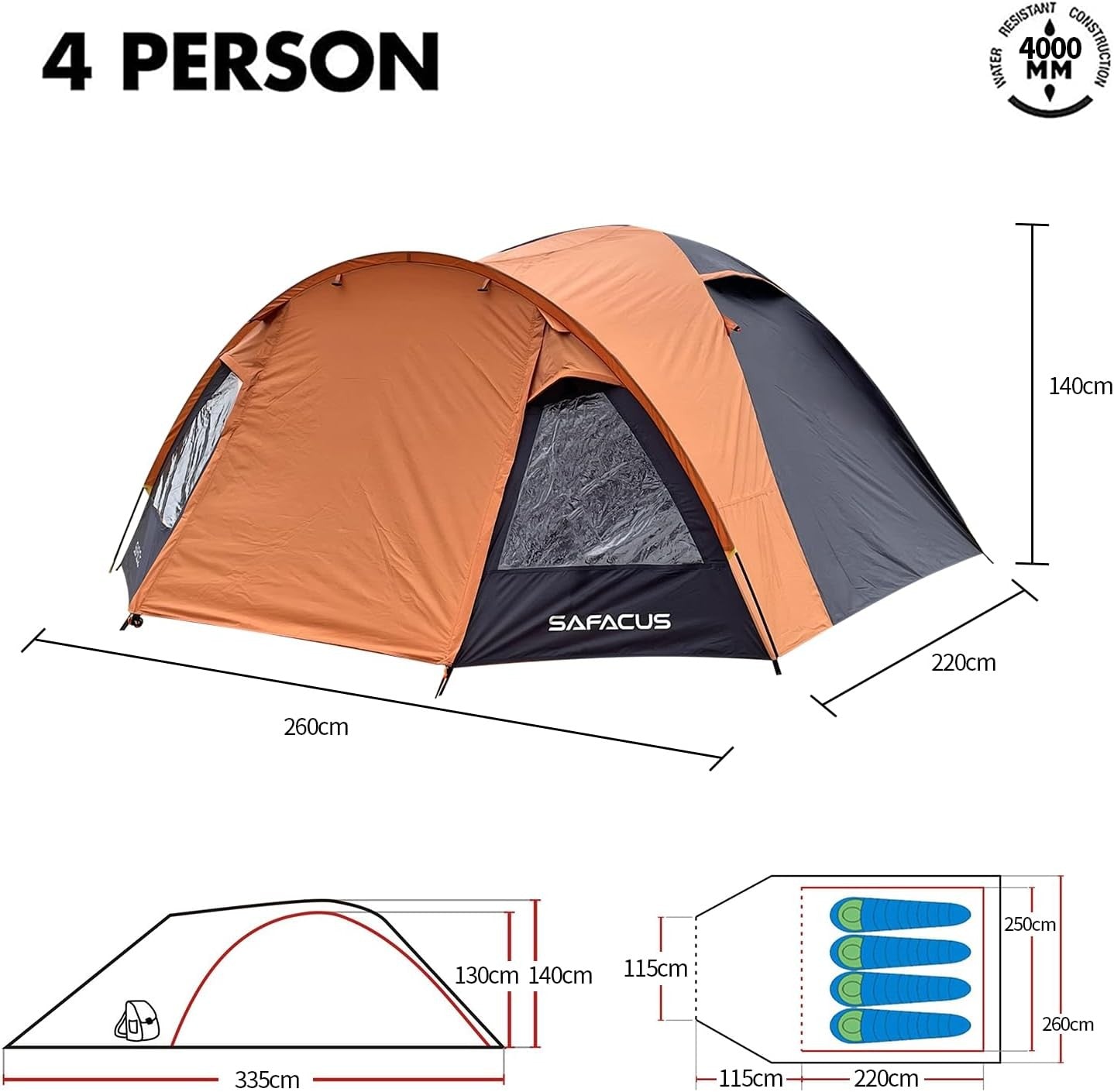 4 Man Family Dome Camping Tent Double Waterproof