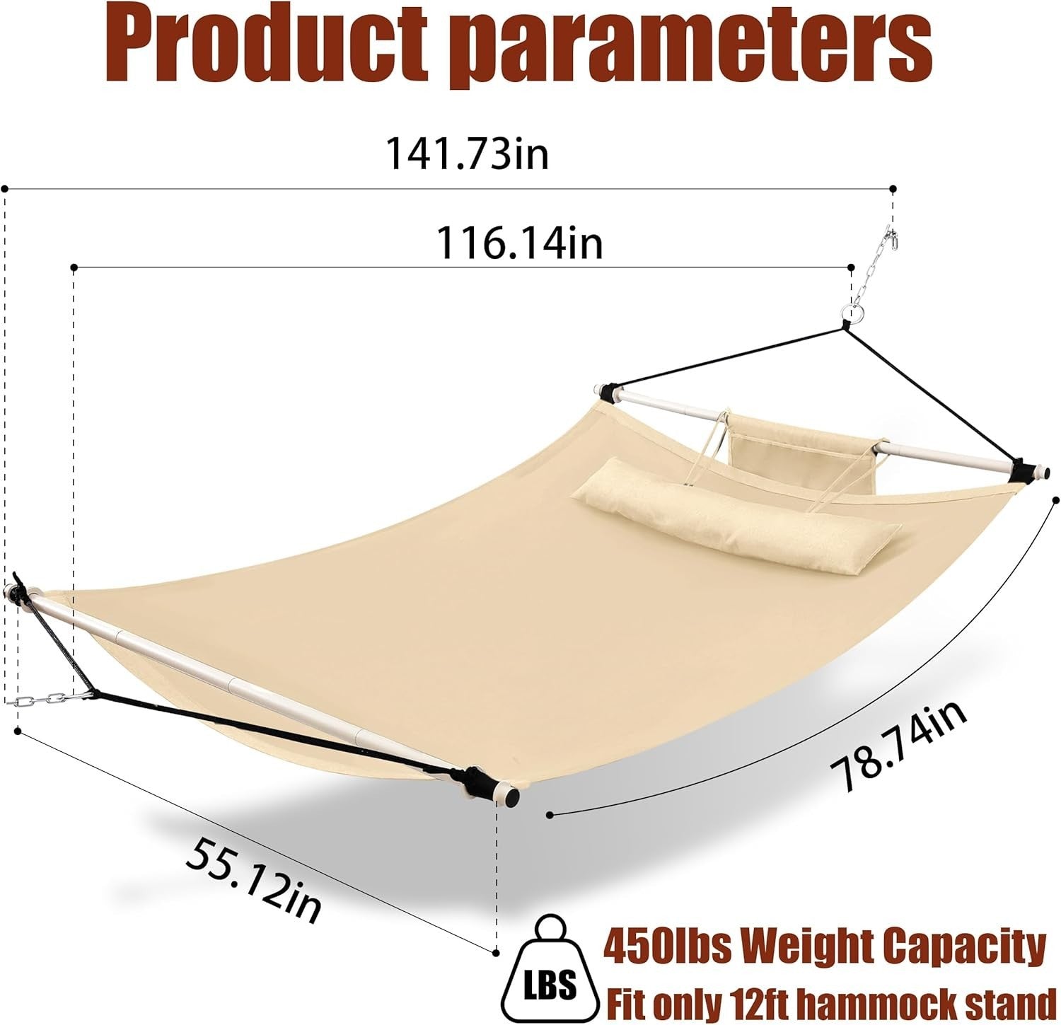 12FT Anti-Flip Double Hammock with Iron Spreader Bars & Nylon Ropes, 450LB