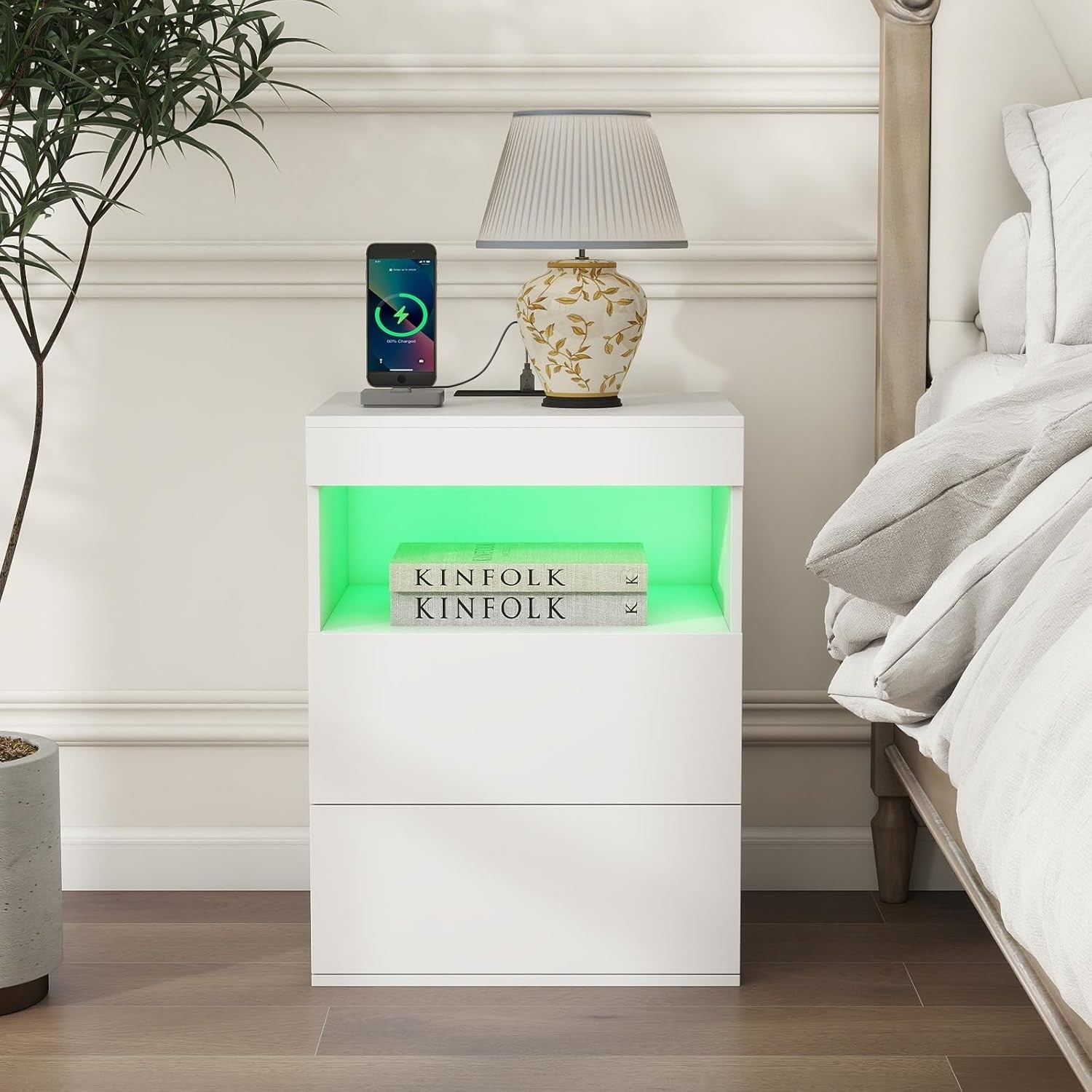 Modern White LED Bedside Table with Drawers & Charging Station Nightstand