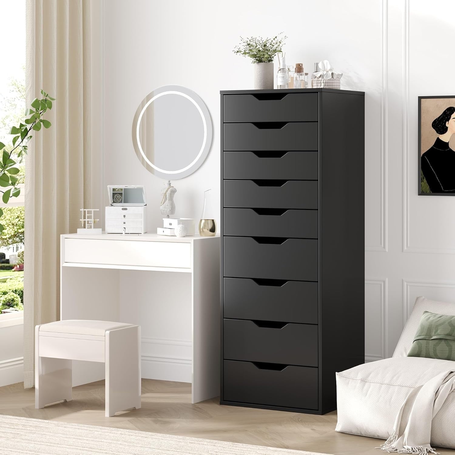 Tall Black 9 Drawer Chest Storage Cabinet Dresser Unit 124x45x40cm Modern