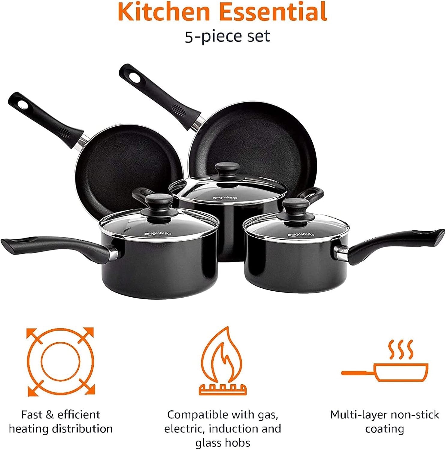 5pcs Non Stick Pan and Pot Set Cookware Set with Glass Lids Induction Safe