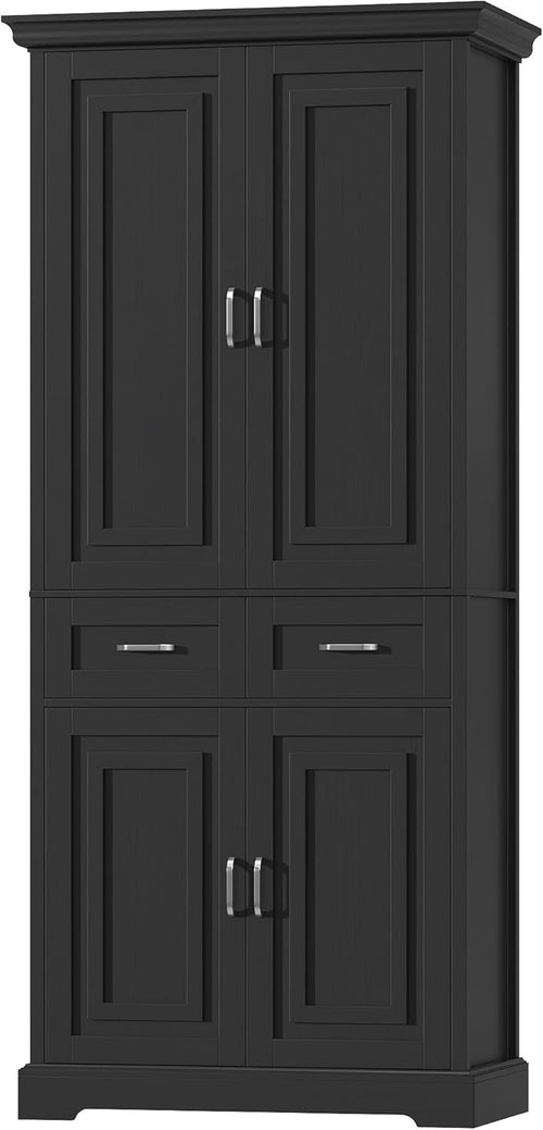 180.5cm Tall Kitchen Cupboard Black 4 Doors 2 Drawers Adjustable Shelves