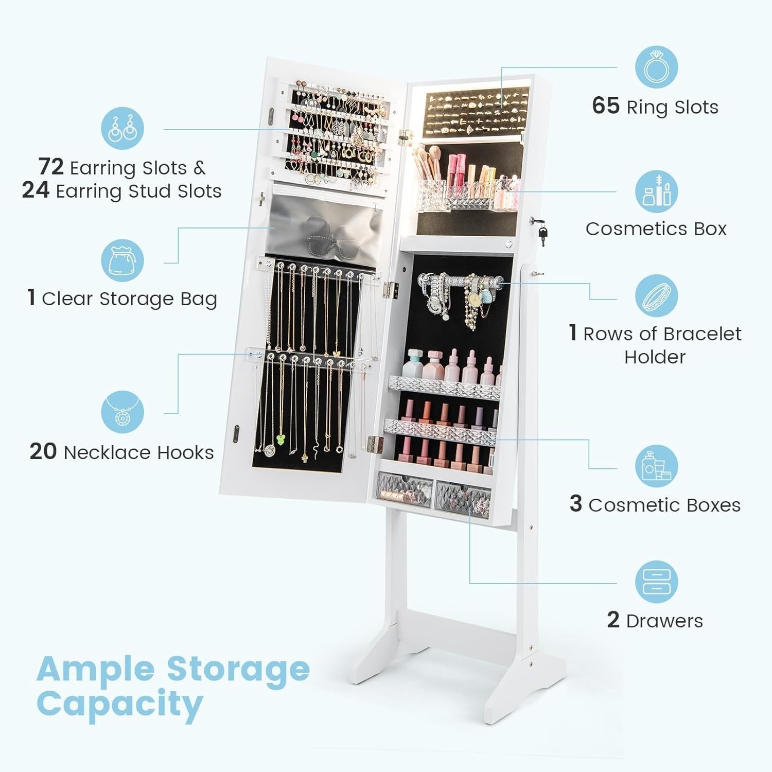 White LED Jewelry Cabinet Mirror Lockable 3-Color Light Storage Stand