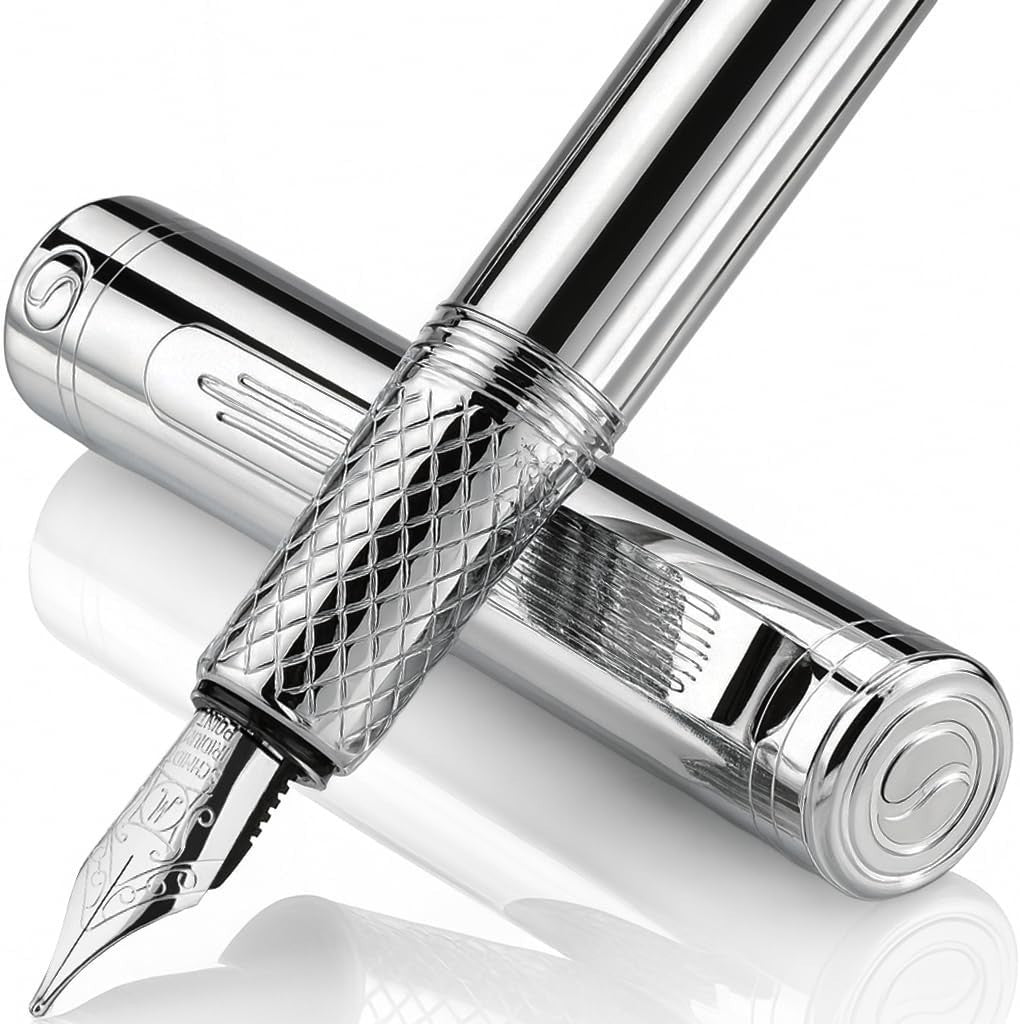 Luxury Silver Chrome Fountain Pen Medium Nib Heavy Brass