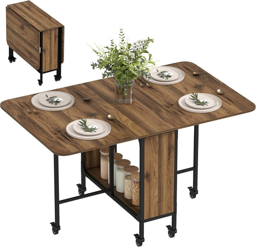Folding Drop Leaf Dining Table with Wheels Storage Shelf Small Space