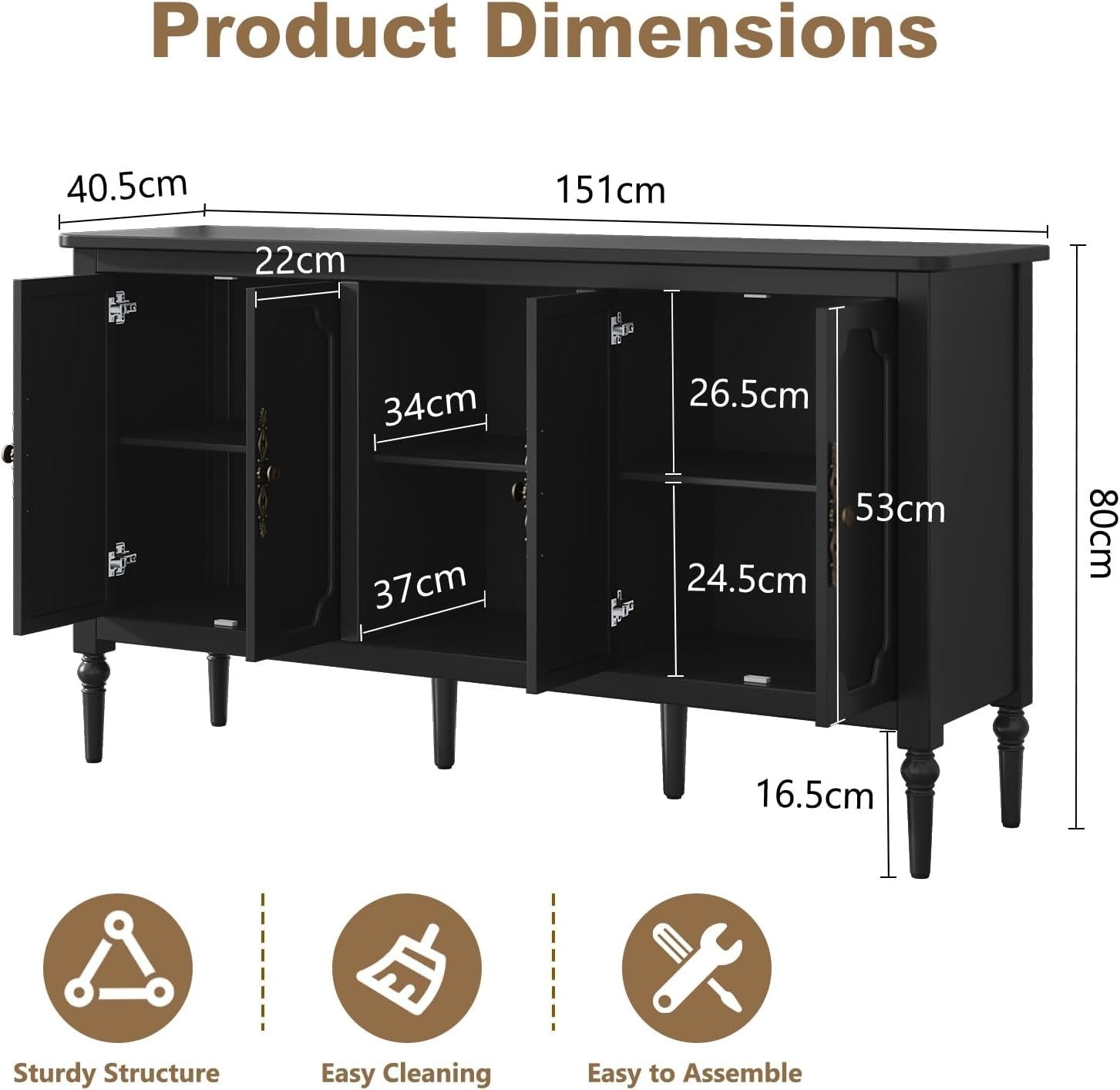 Black Wood Sideboard Cabinet 4 Door Gold Handle Buffet Storage Unit
