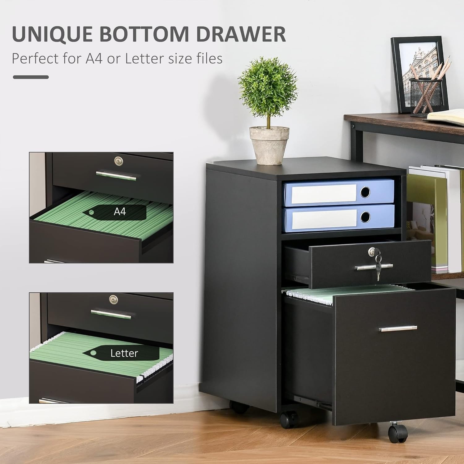Black Lockable Mobile File Cabinet 39x40x65cm A4 Letter Storage