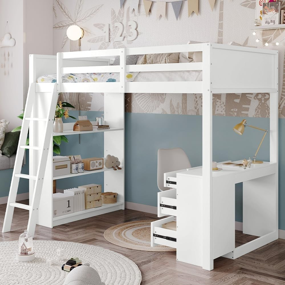 Loft Bunk Bed with Desk, 4 Drawers & Shelves, Kids 3FT White 90x190cm Bed