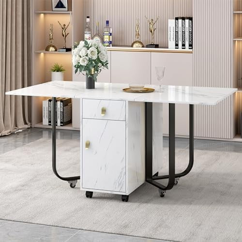 Folding Drop Leaf Dining Table with Storage Cupboard & Drawers Space Saving