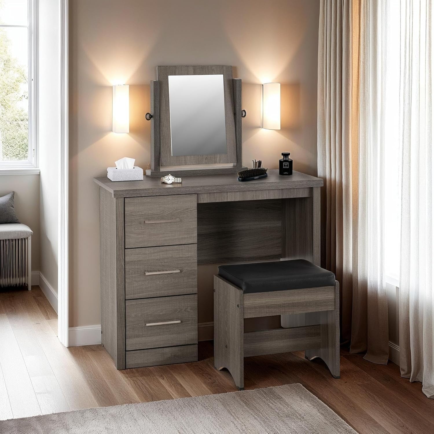 3 Drawer Vanity Dressing Table Set w/ Mirror & Padded Stool Black Wood Grain