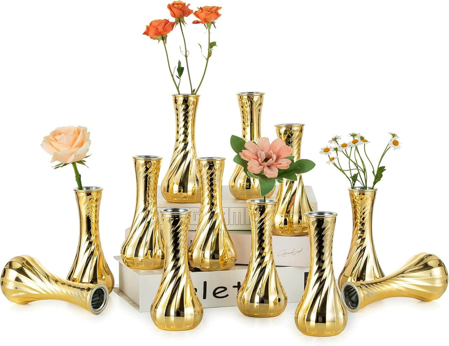 Gold Glass Bud Vase Set of 12 Small Vintage Flower Vases for Table Decor