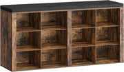 Rustic Brown Shoe Bench with 12 Compartments & Padded Seat Storage