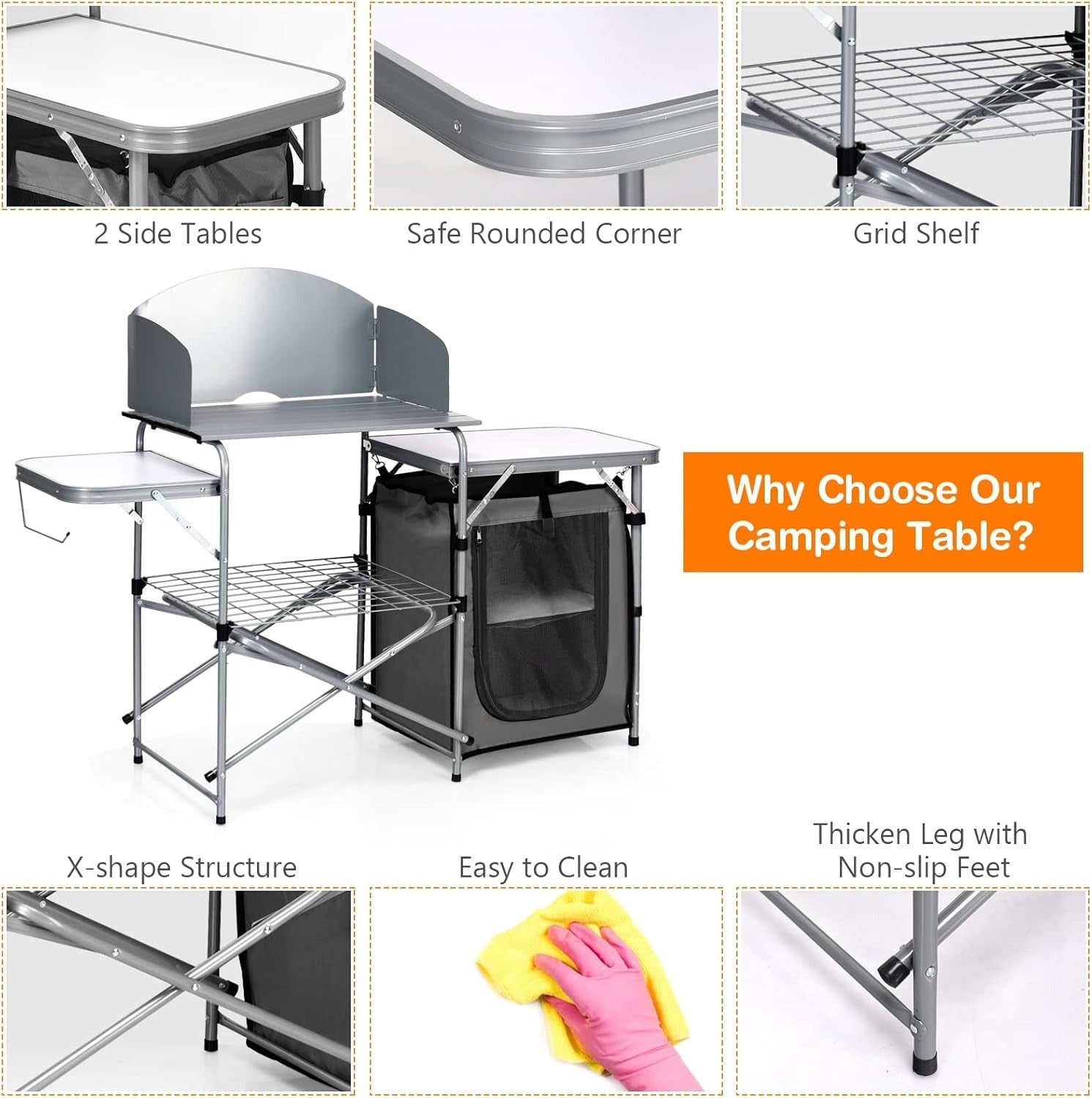 Folding Camping Kitchen Table BBQ Workstation with Windshield & Storage