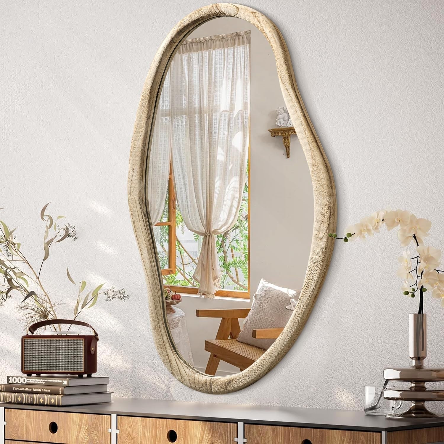 Irregular Wood Wall Mirror 85x55cm Asymmetrical Modern Bathroom Decor