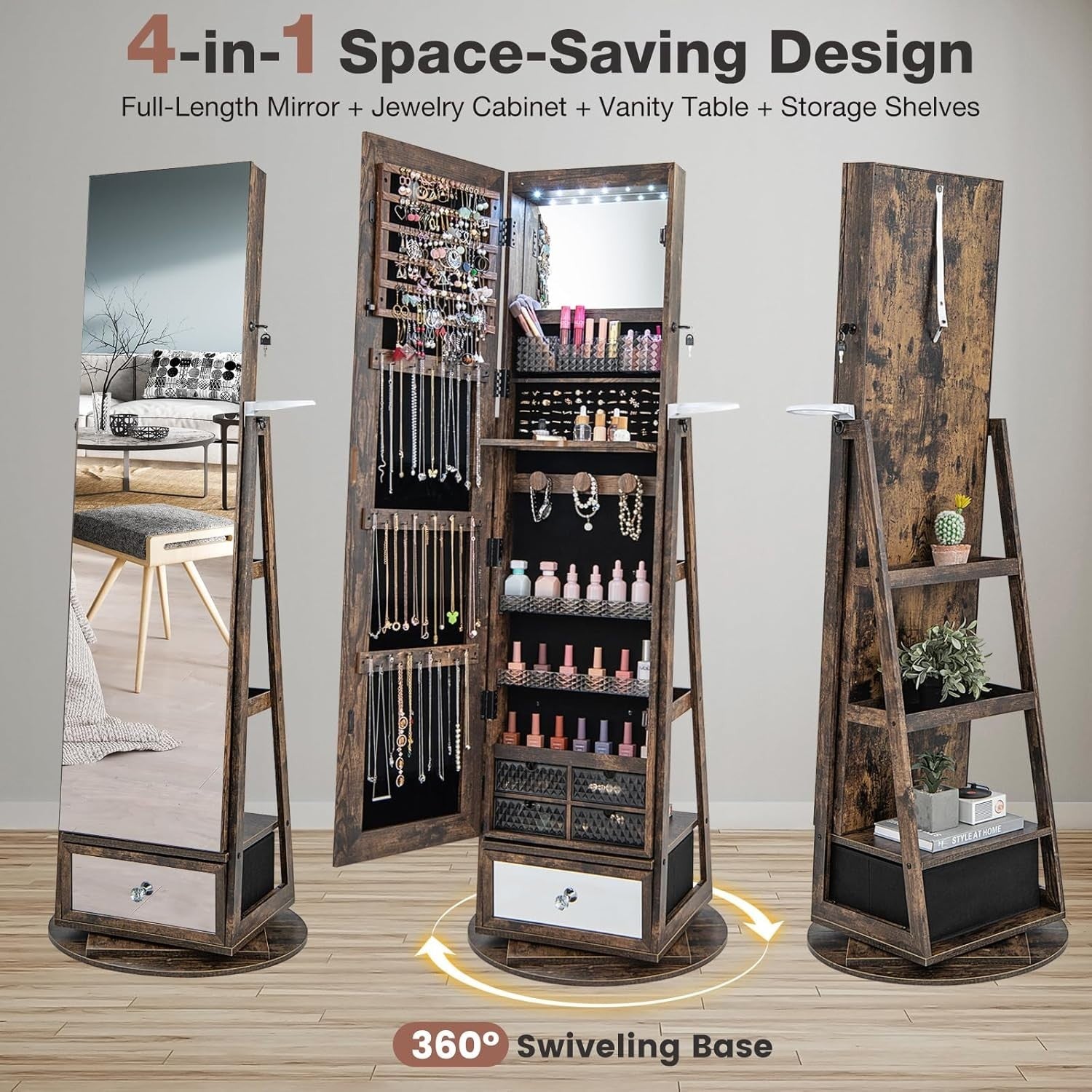 Rustic Brown 360° Swivel LED Jewelry Cabinet Mirror Lockable Storage Stand