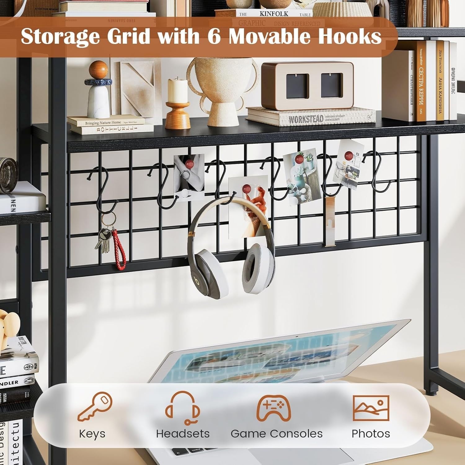 94cm Black Desk Hutch – 4-Tier Desktop Bookshelf w/ Hooks & Metal Frame