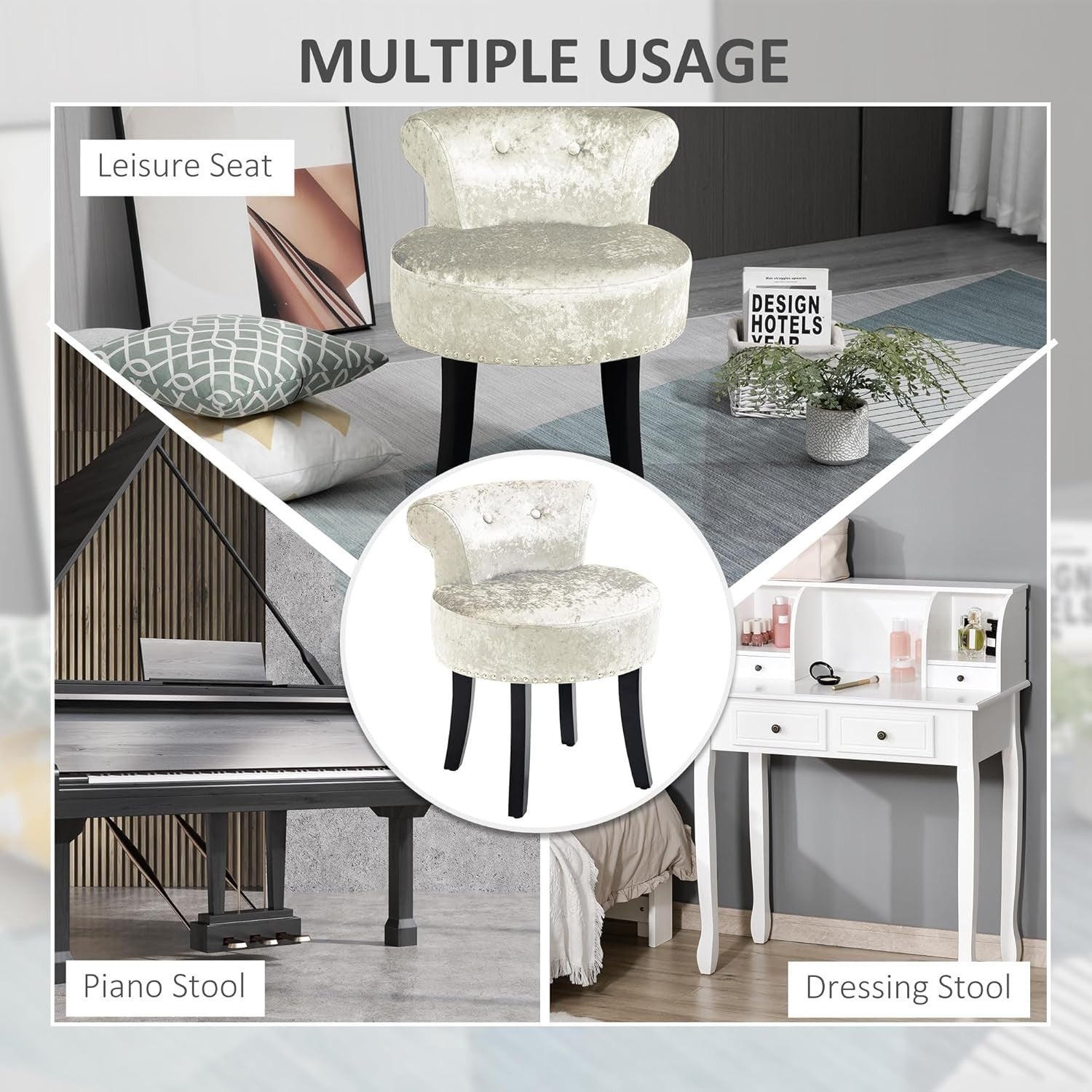 Beige Ice Velvet Dressing Table Stool Rubber Wood Legs Padded Vanity Seat