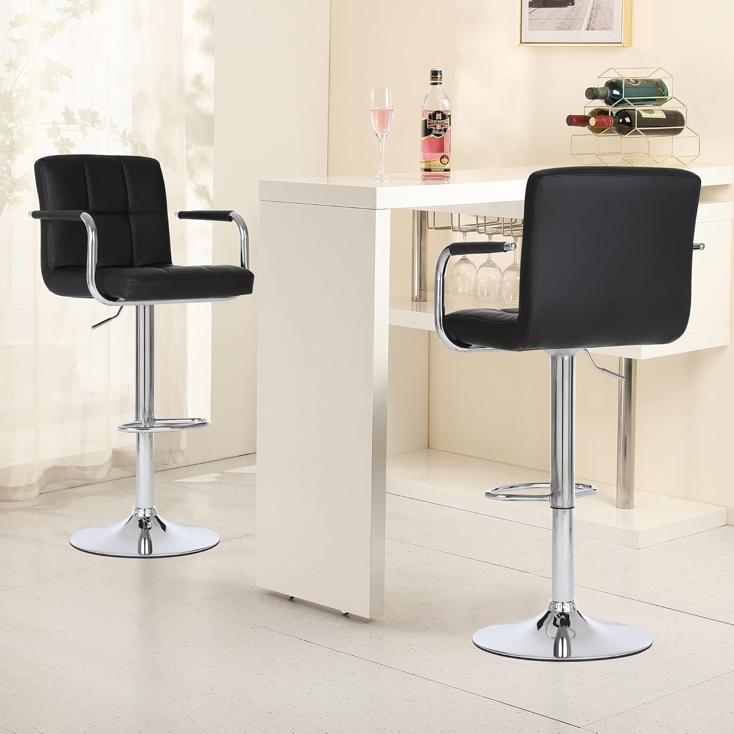 2PCS Black Adjustable Cuban Bar Stools PU Leather Arms Backrest