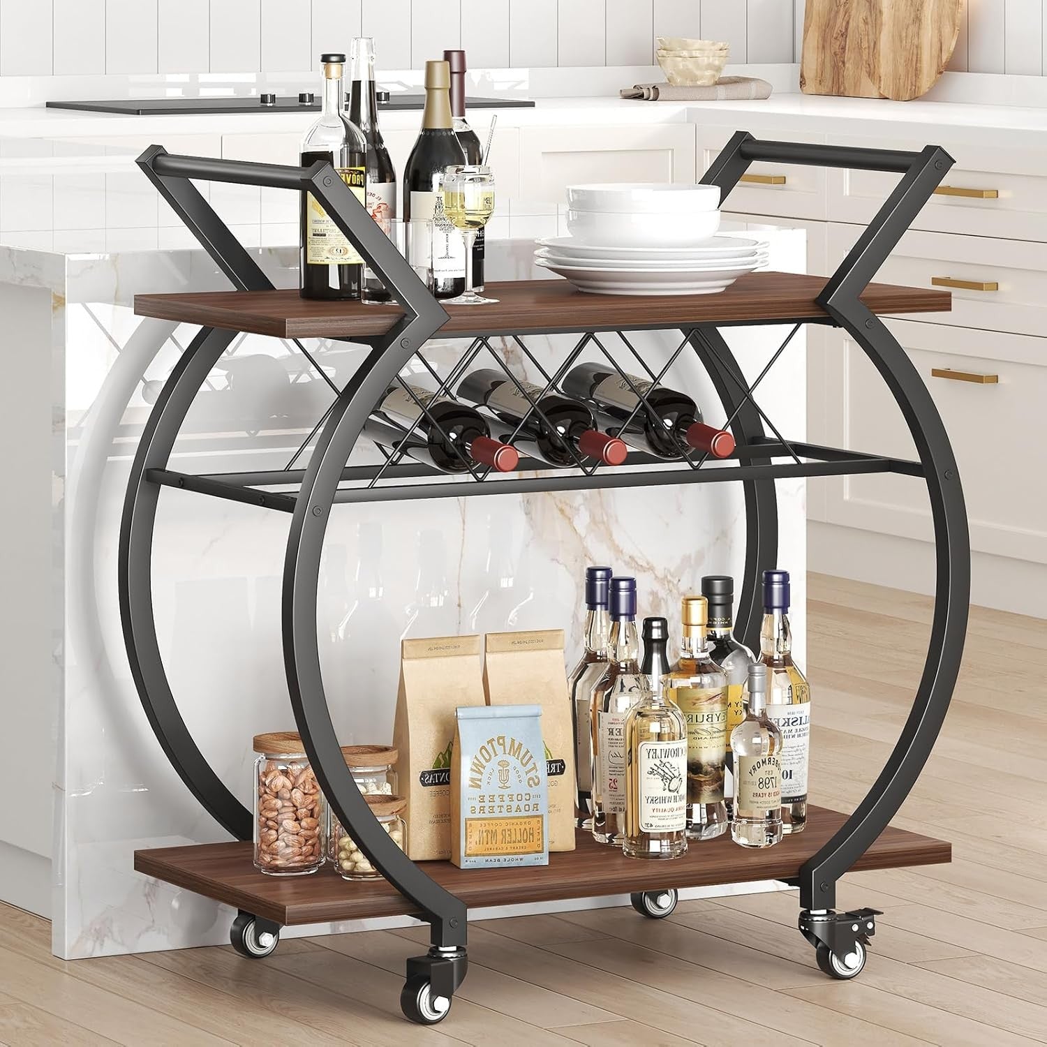 Luxury Gold Bar Cart Drinks Trolley on Wheels Wine Rack Coffee Serving Cart