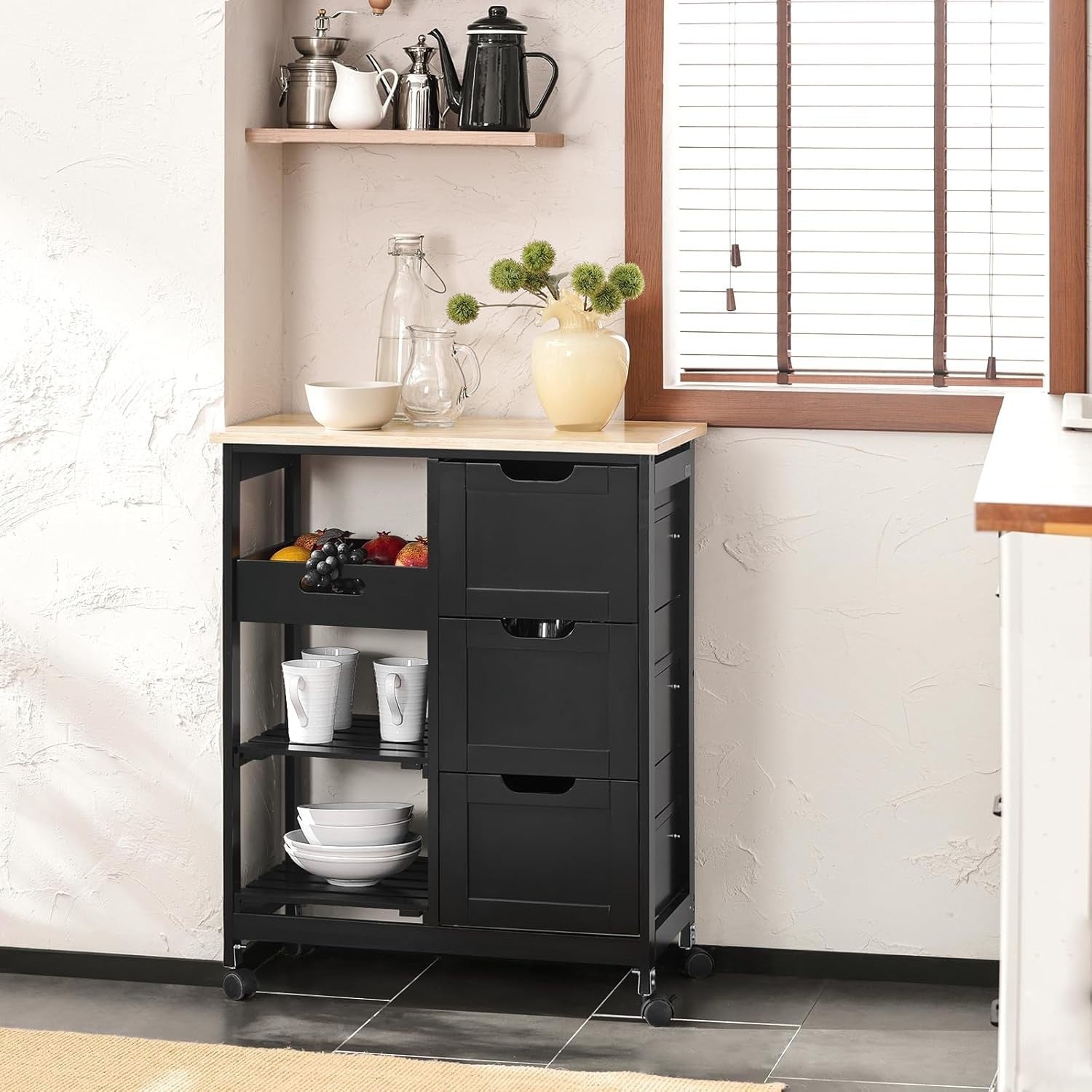 67x37x84.5cm Black Kitchen Island Trolley 3 Drawers
