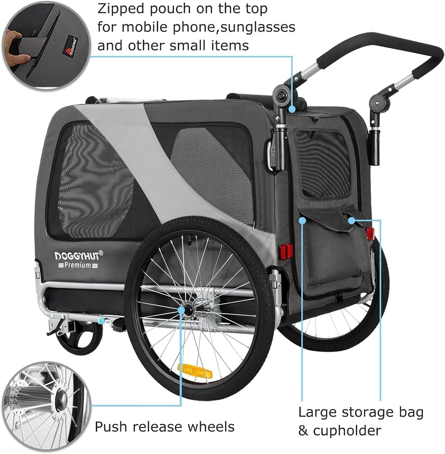 XL Dog Bike Trailer Stroller 45kg Heavy Duty Grey Black Pet Transport
