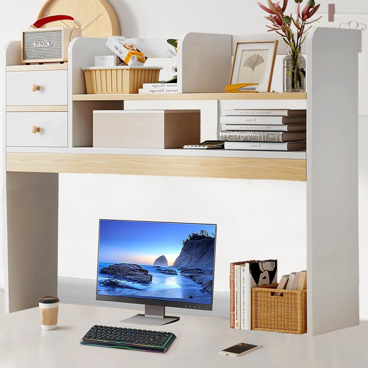 36.6" White Desk Hutch Shelf | 4-Tier Desktop Bookshelf Organizer for Monitor
