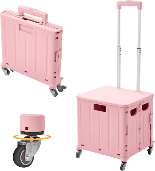 65L Foldable Shopping Trolley 4 Rotating Wheels Collapsible Cart with Lid Pink