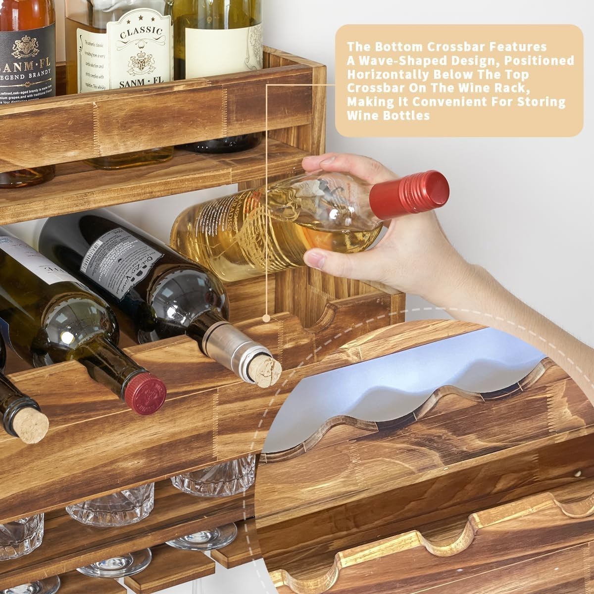 Rustic Wall Mounted Wine & Liquor Rack with Glass Holder – 4 Bottle