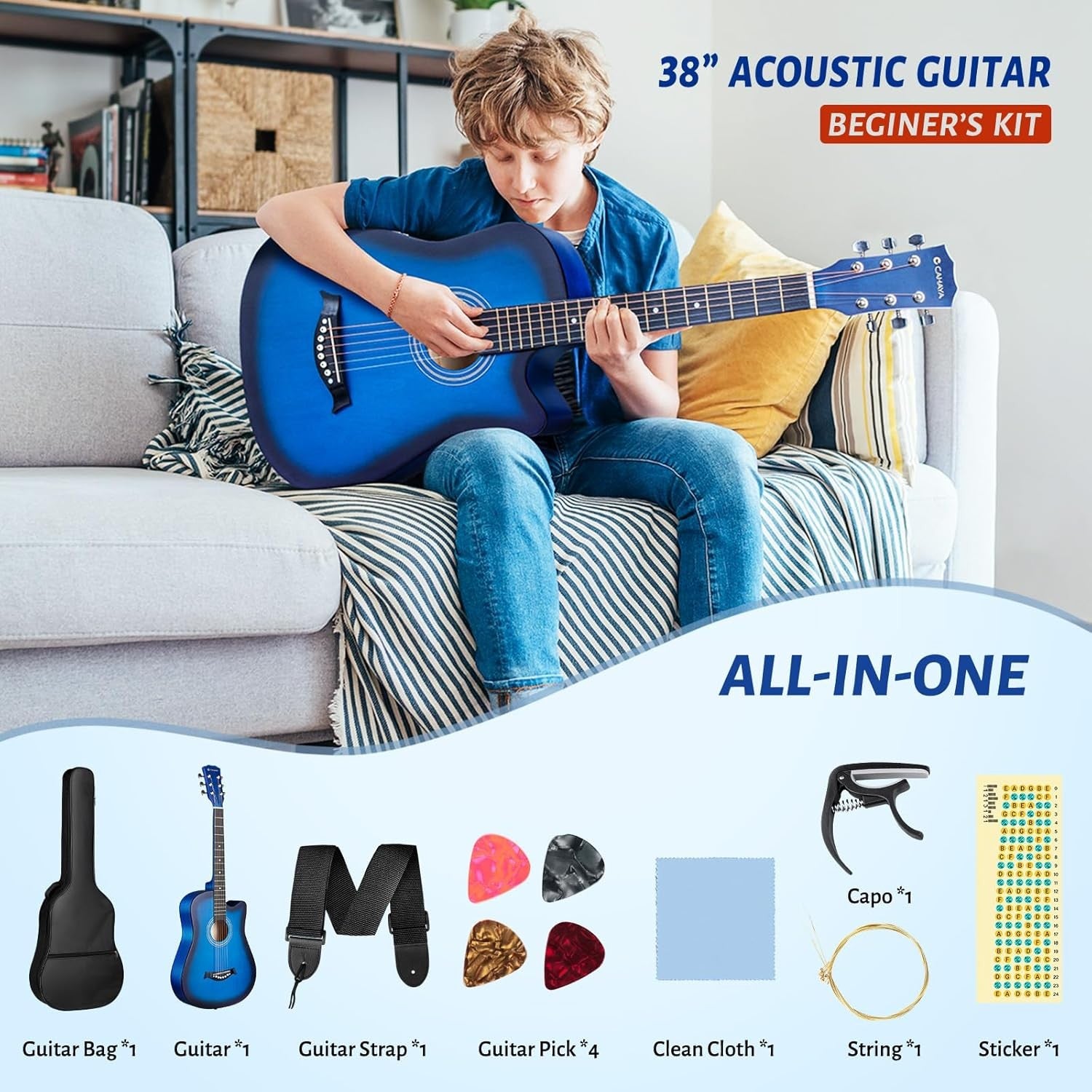 38" Full Size Acoustic Guitar Starter Kit Blue w/ Bag & Capo