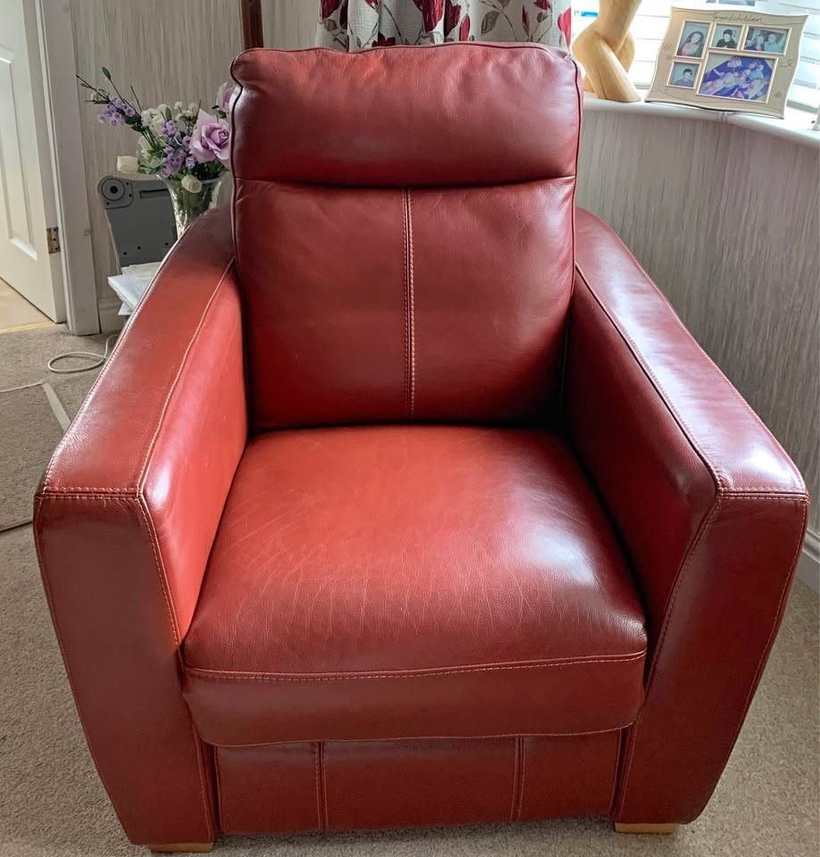Rustic Red Leather Corner Sofa + Armchair (PTP)