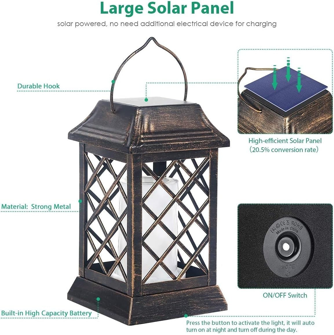 2 Pack Solar Flame Lanterns, Outdoor Waterproof Flickering LED Hanging, Bronze
