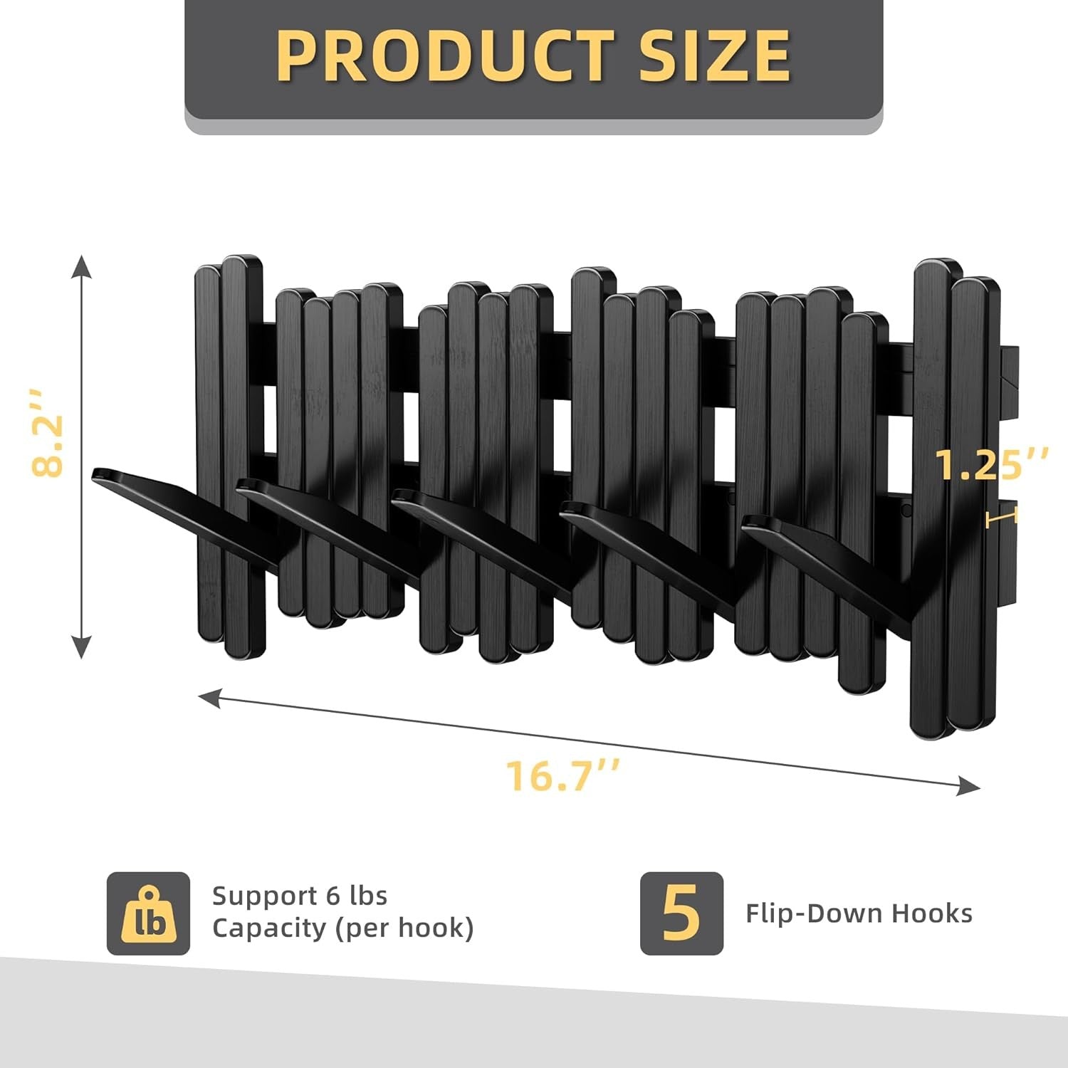 Black Wooden Wall Coat Rack 5 Flip Hooks Space Saving Modern Hallway Organizer