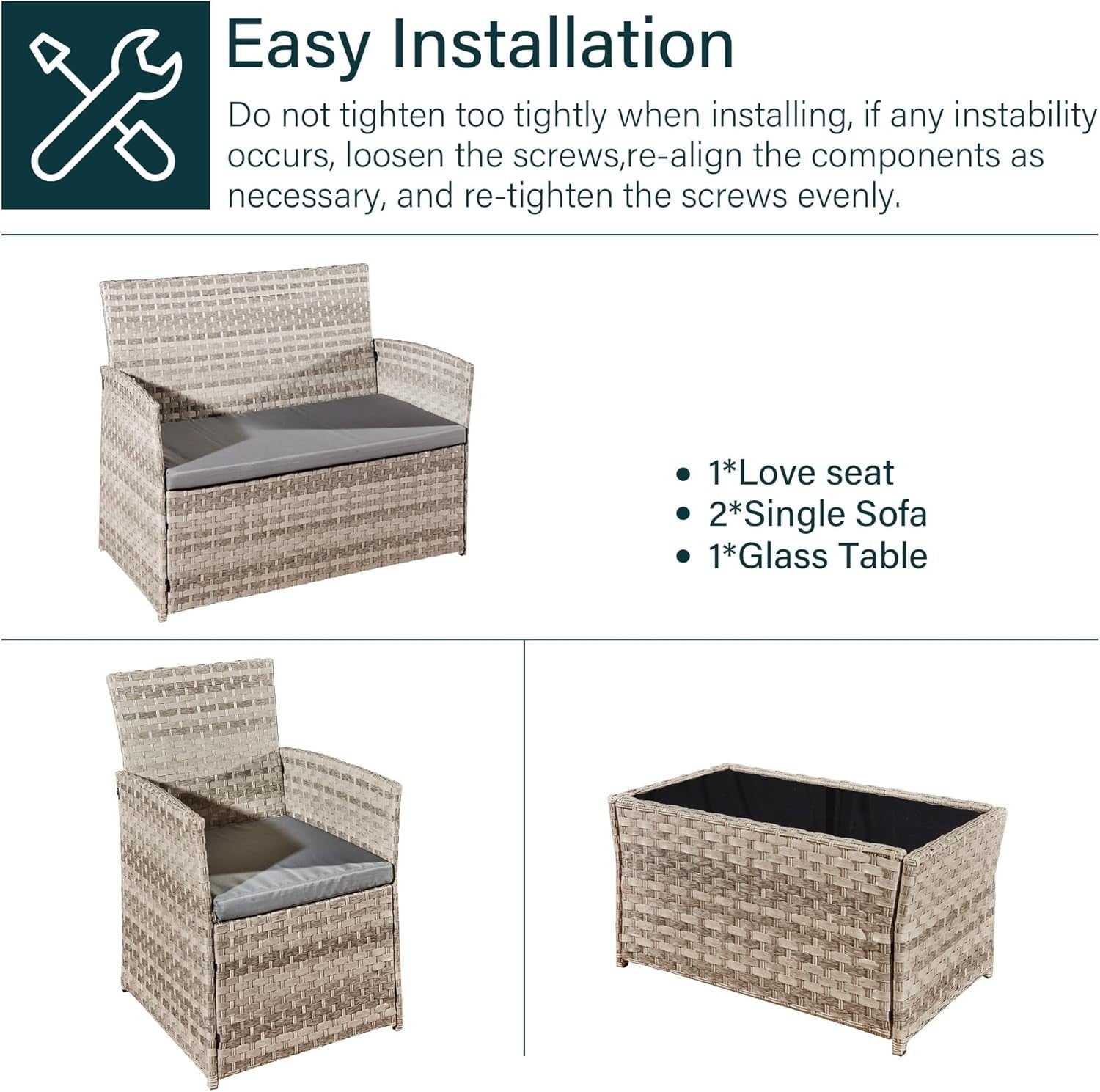 4pc Rattan Garden Furniture Set w/Cover Sofa Chairs Coffee Table Grey