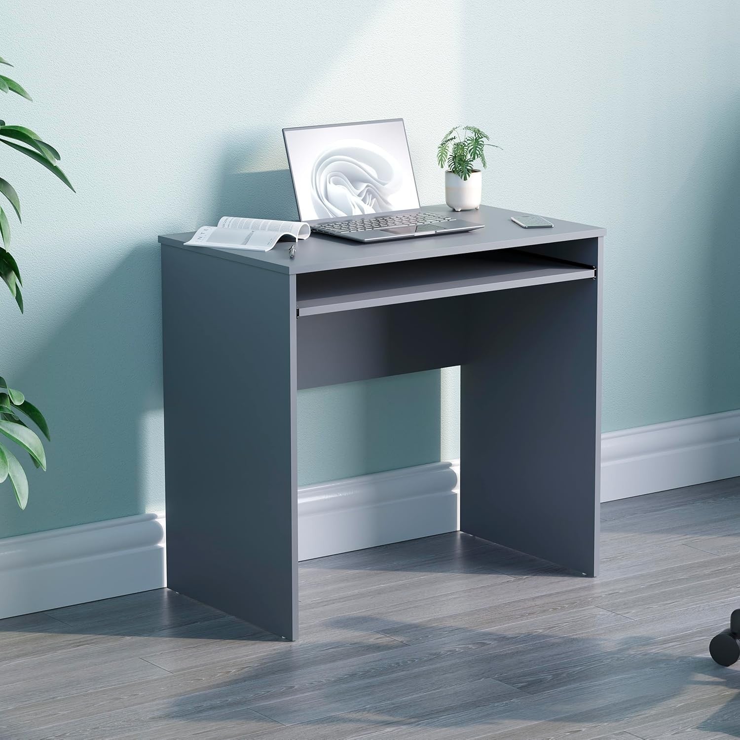 Small Computer Desk with Keyboard Tray Compact PC Laptop Table Grey