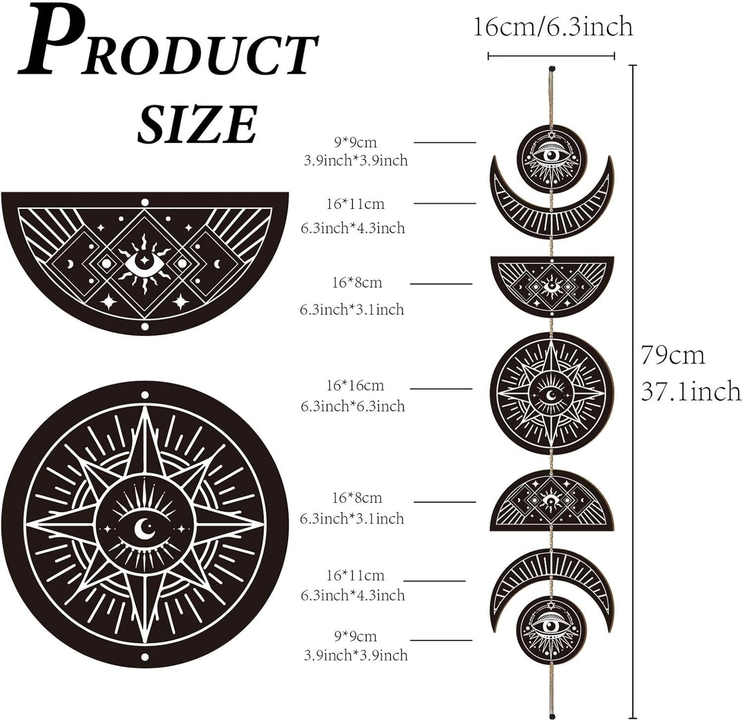 Moon Phase Wall Hanging Wooden Boho Witchy Decor Art