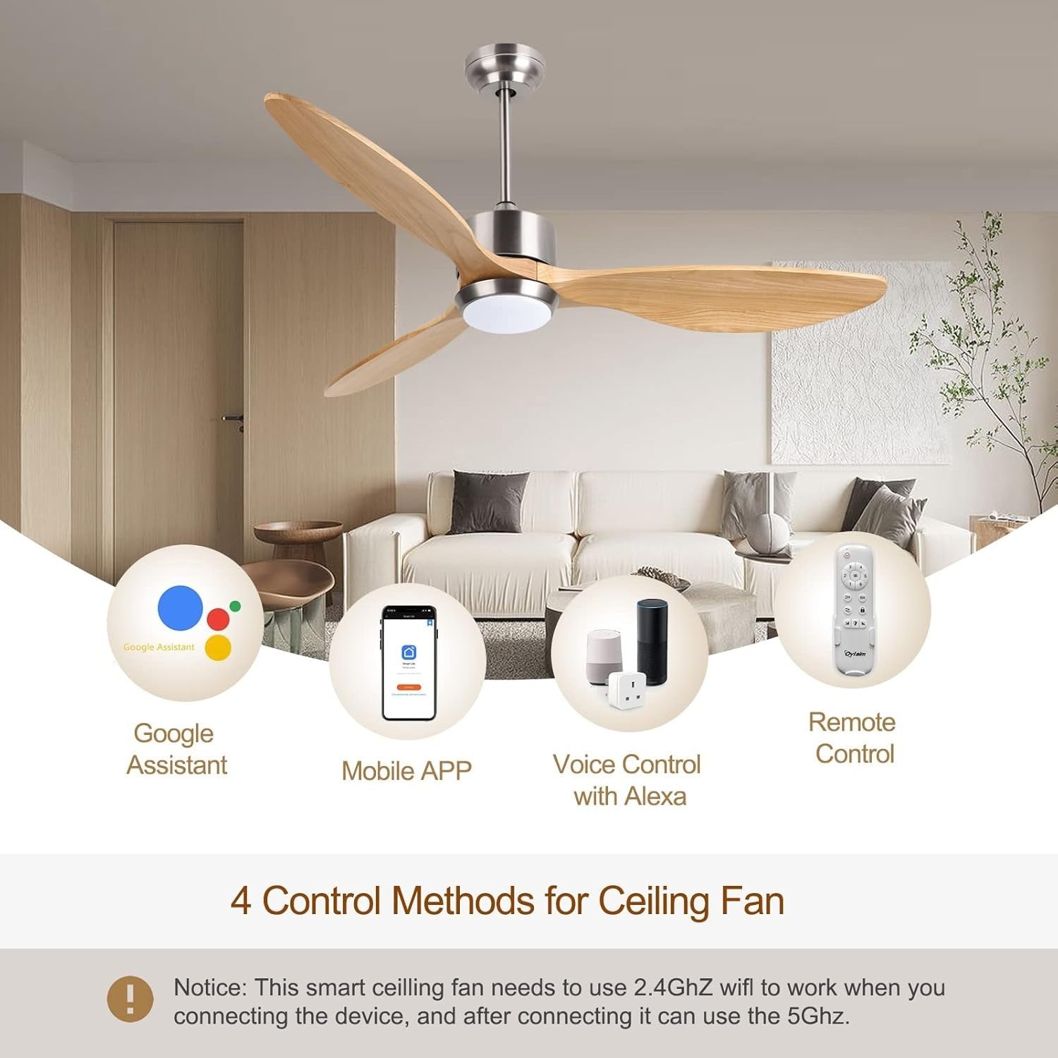 Ovlaim 132cm Silent Wood Ceiling Fan, LED Light, Reversible DC Motor, Remote