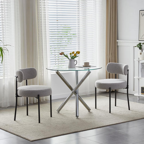 Round Glass Dining Table Set 2 Grey Velvet Chairs Compact Modern Kitchen