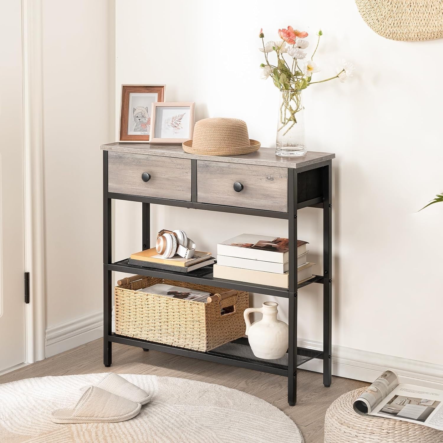 Slim Console Table with 2 Drawers, Storage Shelves, Adjustable Feet, Industrial