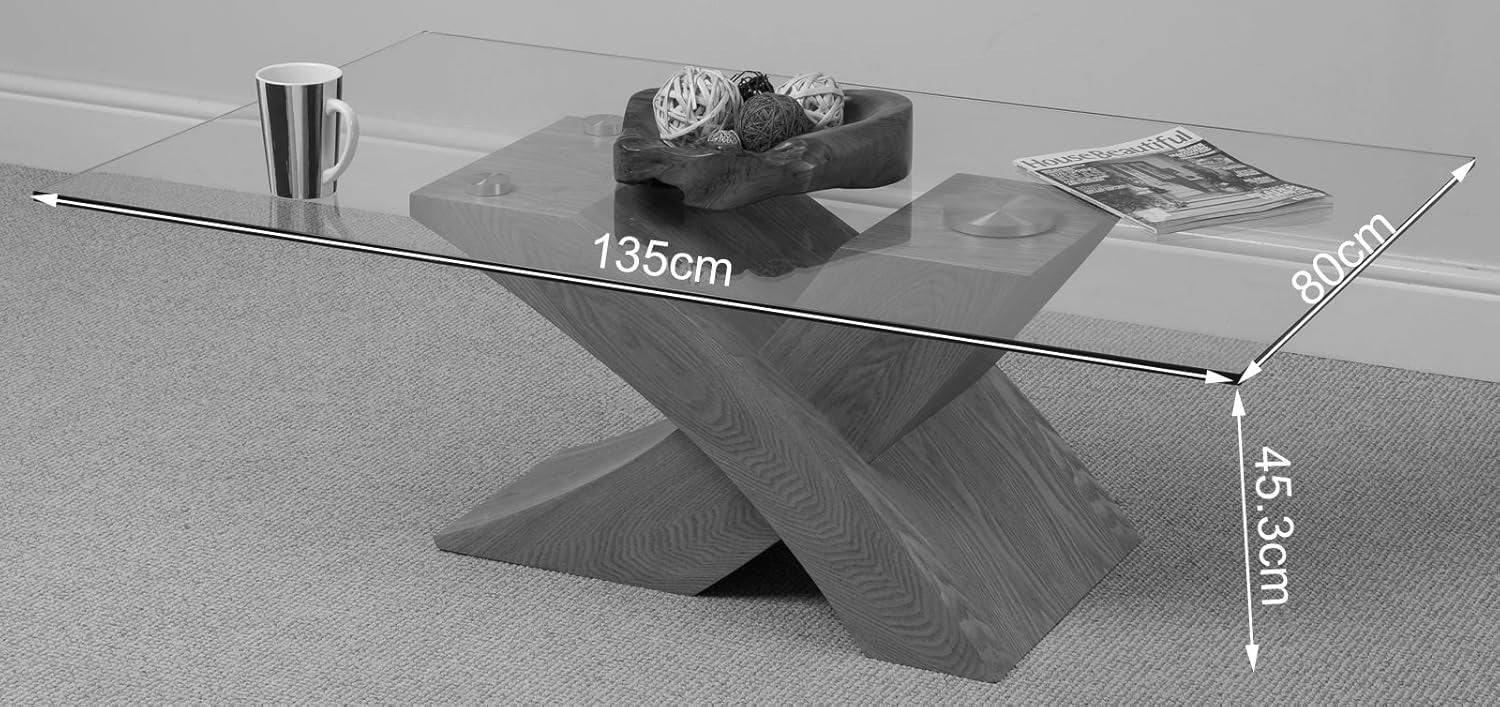 Modern Glass & Oak Coffee Table 135x80cm X-Shape Base Stylish Living Room
