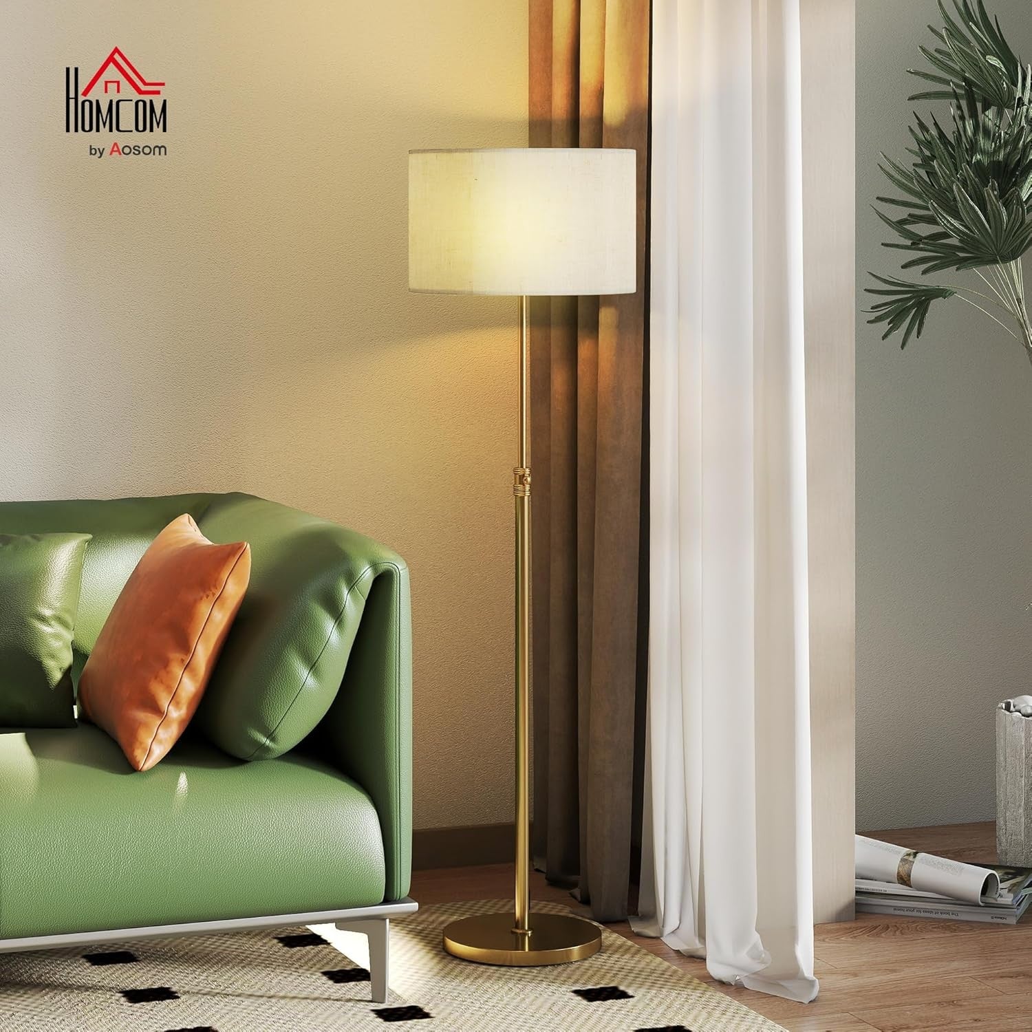 Dimmable Floor Lamp with Remote Height Adjustable Linen Shade Gold