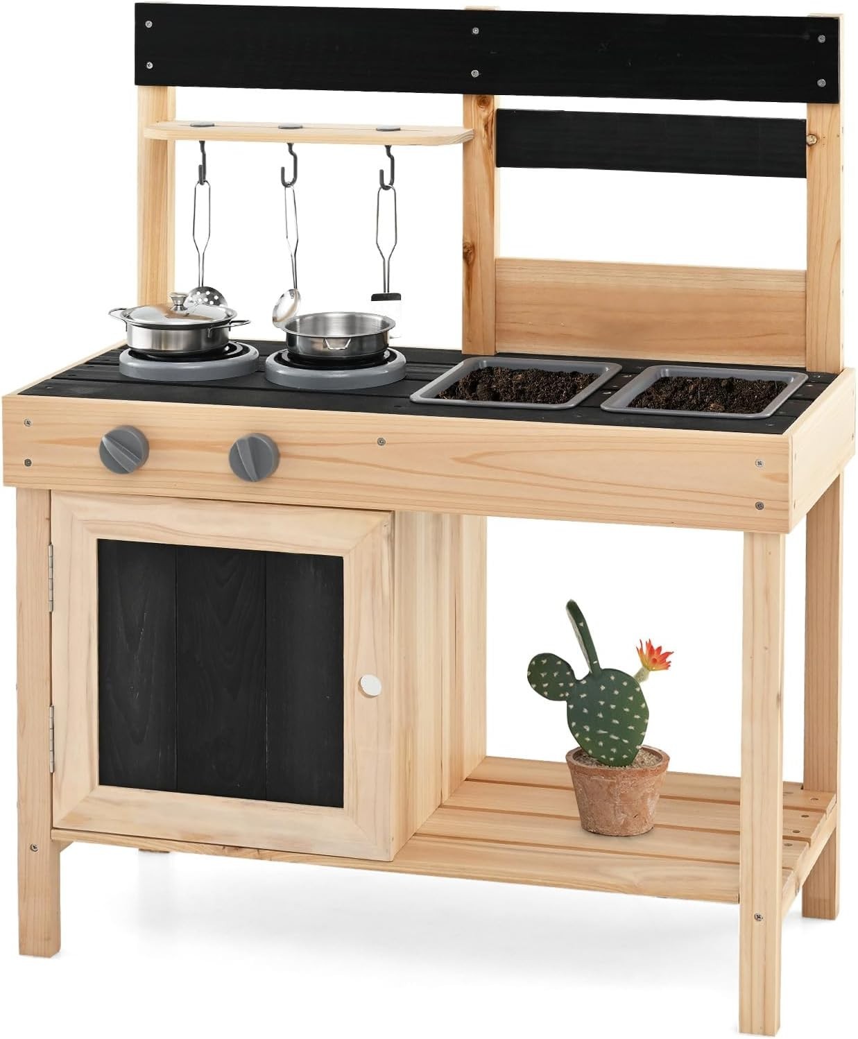 Outdoor Wooden Mud Kitchen Kids Playset w/ Sinks Stoves Accessories