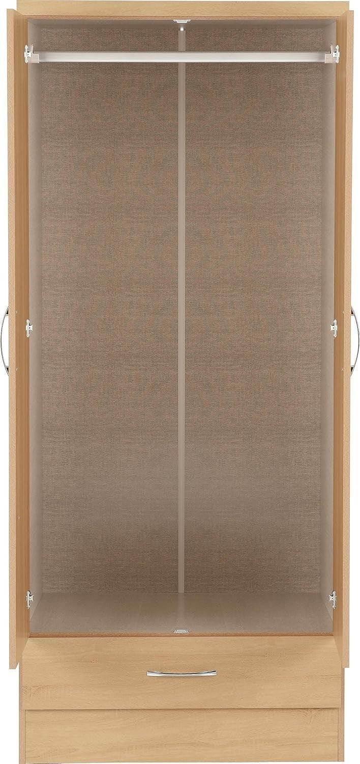 Mirrored 2 Door Oak Effect Wardrobe with Drawer – Bedroom Storage Unit
